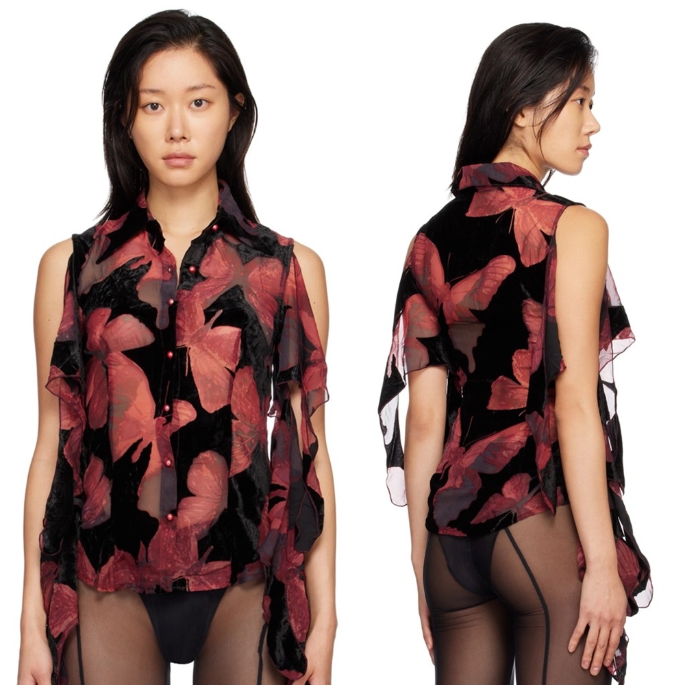 KIM SHUI 100% Silk Black & Red Butterfly Tie Shirt
